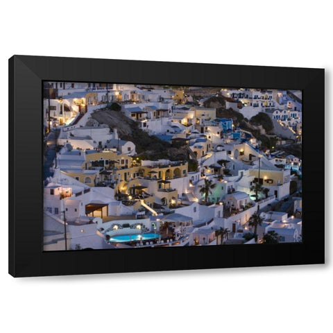 Greece, Firostefani Cliffside villas at night Black Modern Wood Framed Art Print by Young, Bill