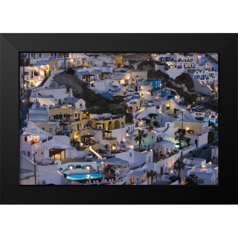Greece, Firostefani Cliffside villas at night Black Modern Wood Framed Art Print by Young, Bill