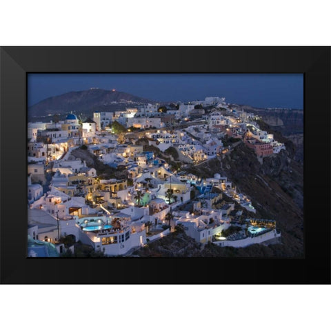 Greece, Firostefani Cliffside villas with lights Black Modern Wood Framed Art Print by Young, Bill