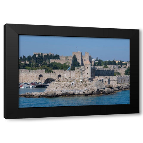 Greece-Rhodes Aegean Sea harbor view of the walled medieval Old Town UNESCO Black Modern Wood Framed Art Print with Double Matting by Hopkins, Cindy Miller