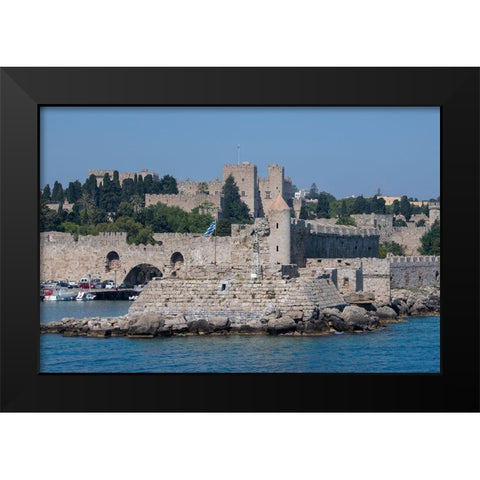 Greece-Rhodes Aegean Sea harbor view of the walled medieval Old Town UNESCO Black Modern Wood Framed Art Print by Hopkins, Cindy Miller