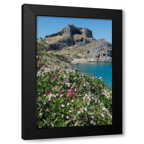St Pauls Bay with the Acropolis of Lindos in the distance with the Temple of Athena Lindia Black Modern Wood Framed Art Print with Double Matting by Hopkins, Cindy Miller