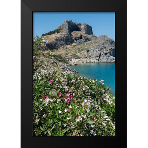 St Pauls Bay with the Acropolis of Lindos in the distance with the Temple of Athena Lindia Black Modern Wood Framed Art Print by Hopkins, Cindy Miller