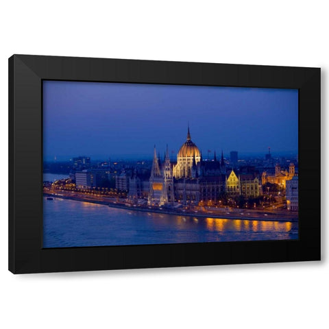 Hungary, Budapest Parliament Building and city Black Modern Wood Framed Art Print with Double Matting by Zuckerman, Jim