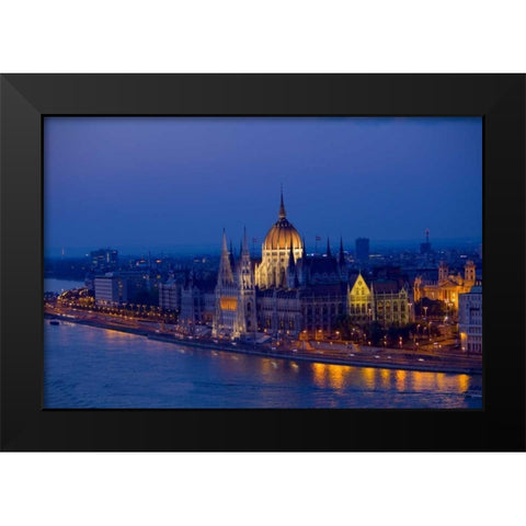 Hungary, Budapest Parliament Building and city Black Modern Wood Framed Art Print by Zuckerman, Jim