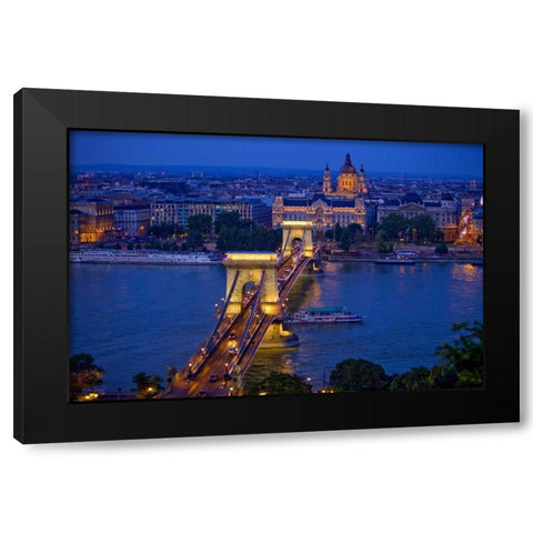 Hungary, Budapest Chain Bridge lit at night Black Modern Wood Framed Art Print by Zuckerman, Jim