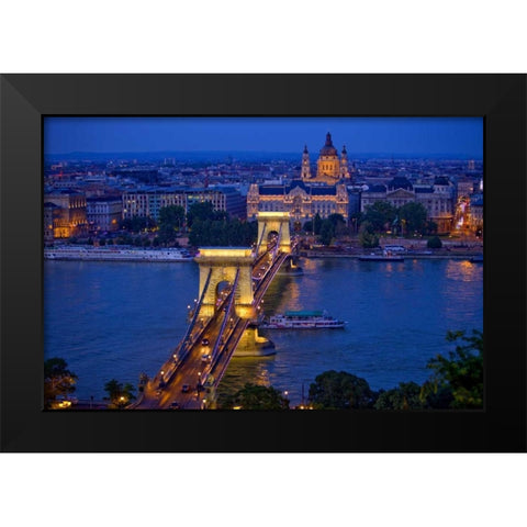 Hungary, Budapest Chain Bridge lit at night Black Modern Wood Framed Art Print by Zuckerman, Jim