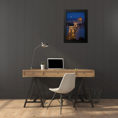 Hungary, Budapest Chain Bridge lit at night Black Modern Wood Framed Art Print by Zuckerman, Jim