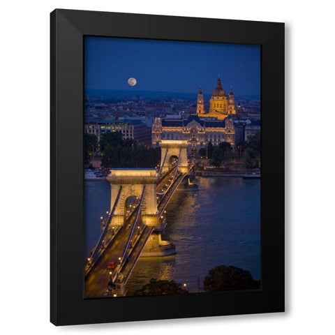 Hungary, Budapest Chain Bridge lit at night Black Modern Wood Framed Art Print by Zuckerman, Jim