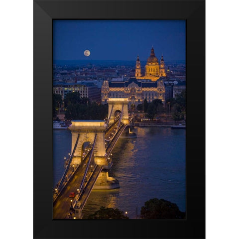 Hungary, Budapest Chain Bridge lit at night Black Modern Wood Framed Art Print by Zuckerman, Jim