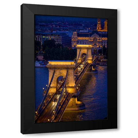 Hungary, Budapest Chain Bridge lit at night Black Modern Wood Framed Art Print by Zuckerman, Jim
