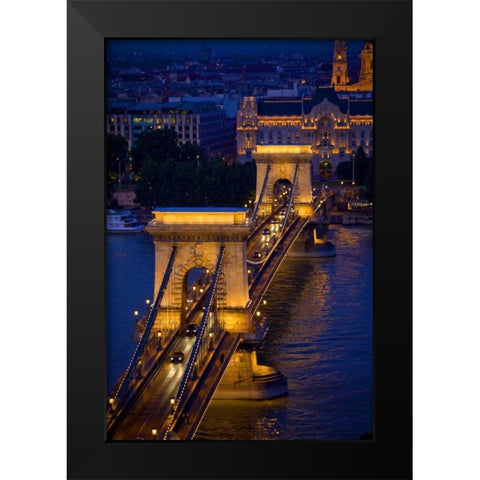 Hungary, Budapest Chain Bridge lit at night Black Modern Wood Framed Art Print by Zuckerman, Jim