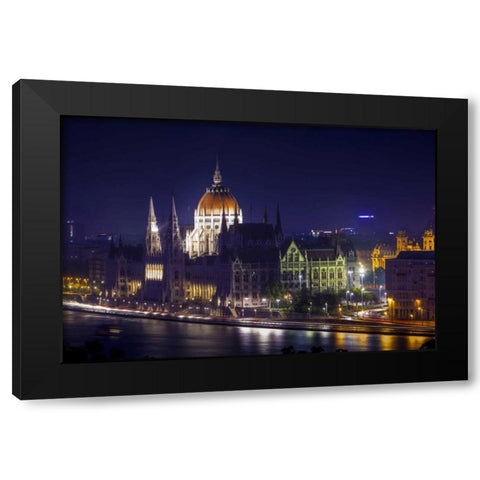Hungary, Budapest Parliament Building at night Black Modern Wood Framed Art Print with Double Matting by Zuckerman, Jim