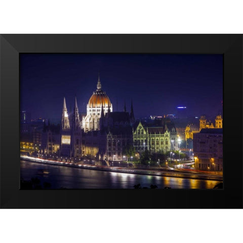 Hungary, Budapest Parliament Building at night Black Modern Wood Framed Art Print by Zuckerman, Jim