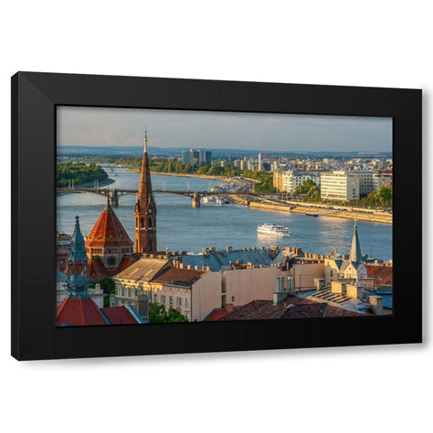 View from Castle Hill of the Margaret Bridge crossing the Danube River-Buda side-Central Budapest-C Black Modern Wood Framed Art Print by Haseltine, Tom