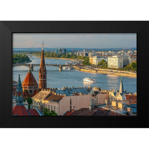 View from Castle Hill of the Margaret Bridge crossing the Danube River-Buda side-Central Budapest-C Black Modern Wood Framed Art Print by Haseltine, Tom