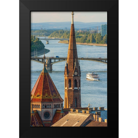 View from Castle Hill of the Margaret Bridge crossing the Danube River-Buda side-Central Budapest-C Black Modern Wood Framed Art Print by Haseltine, Tom