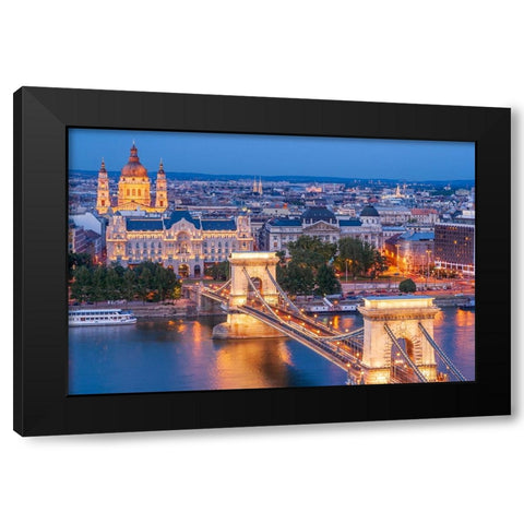 Hungary-Budapest-Szechenyi Chain Bridge across the Danube River-illuminated at night-built between  Black Modern Wood Framed Art Print with Double Matting by Haseltine, Tom
