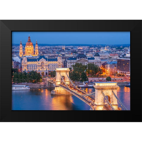 Hungary-Budapest-Szechenyi Chain Bridge across the Danube River-illuminated at night-built between  Black Modern Wood Framed Art Print by Haseltine, Tom