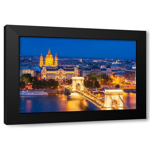 Hungary-Budapest-Szechenyi Chain Bridge across the Danube River-illuminated at night-built between  Black Modern Wood Framed Art Print by Haseltine, Tom