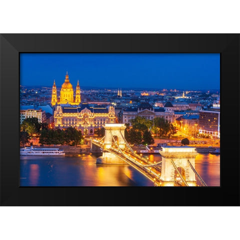 Hungary-Budapest-Szechenyi Chain Bridge across the Danube River-illuminated at night-built between  Black Modern Wood Framed Art Print by Haseltine, Tom