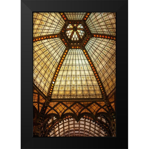 Stained glass ceiling inside Ferenciek Tere-Square of the Franciscans-an important public transport Black Modern Wood Framed Art Print by Haseltine, Tom
