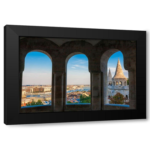 Hungary-Budapest-View from inside Fishermans Bastion Black Modern Wood Framed Art Print with Double Matting by Haseltine, Tom