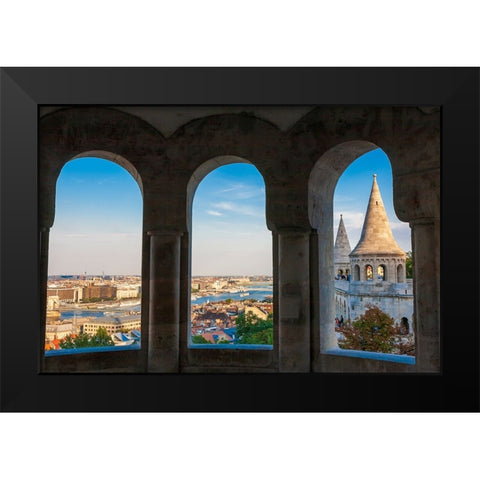 Hungary-Budapest-View from inside Fishermans Bastion Black Modern Wood Framed Art Print by Haseltine, Tom