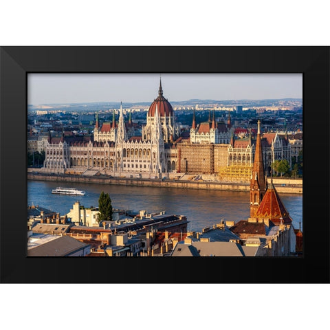 Tour boat passes Hungarys Parliament-built between 1884-1902 is the countrys largest building-It ha Black Modern Wood Framed Art Print by Haseltine, Tom