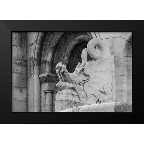 Hungary-Budapest-Dragon statue at Fishermans Bastion building Black Modern Wood Framed Art Print by Haseltine, Tom