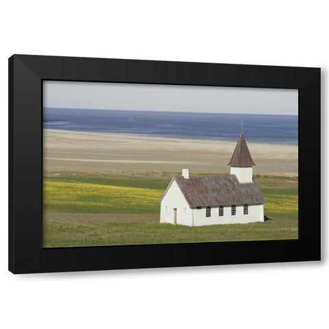 Iceland Isolated Christian church near the beach Black Modern Wood Framed Art Print by Morris, Arthur