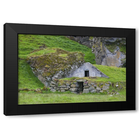 Iceland, Skogar A sod-covered roof on a shed Black Modern Wood Framed Art Print by Grall, Don