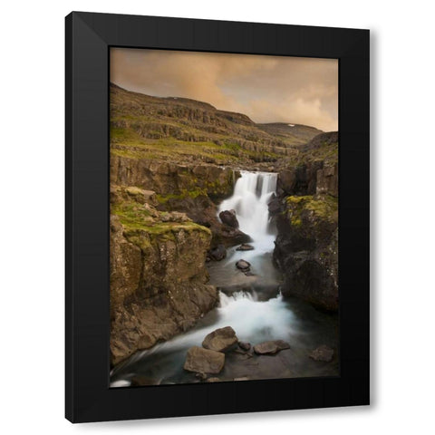 Iceland Waterfall in Berufjordur Fjord Black Modern Wood Framed Art Print by Grall, Don
