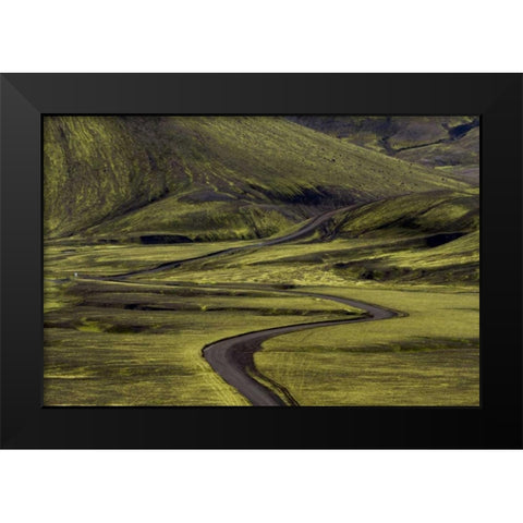 Iceland Road curves through green countryside Black Modern Wood Framed Art Print by Young, Bill