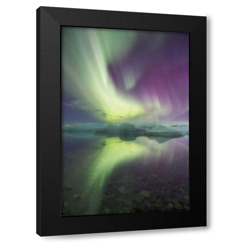 Iceland, Jokulsarlon Aurora lights over a lagoon Black Modern Wood Framed Art Print by Anon, Josh