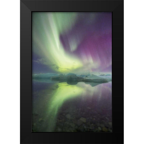 Iceland, Jokulsarlon Aurora lights over a lagoon Black Modern Wood Framed Art Print by Anon, Josh