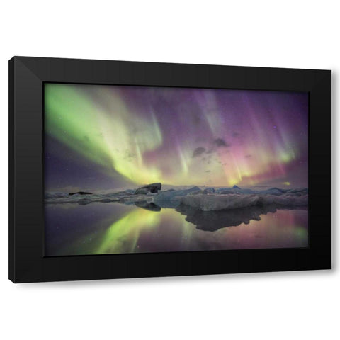 Iceland, Jokulsarlon Aurora lights over a lagoon Black Modern Wood Framed Art Print by Anon, Josh