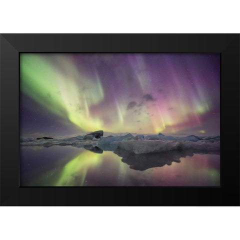 Iceland, Jokulsarlon Aurora lights over a lagoon Black Modern Wood Framed Art Print by Anon, Josh