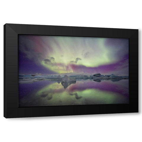 Iceland, Jokulsarlon Aurora lights over a lagoon Black Modern Wood Framed Art Print with Double Matting by Anon, Josh