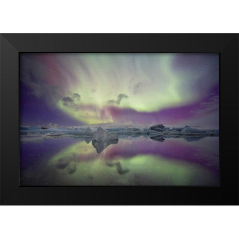 Iceland, Jokulsarlon Aurora lights over a lagoon Black Modern Wood Framed Art Print by Anon, Josh