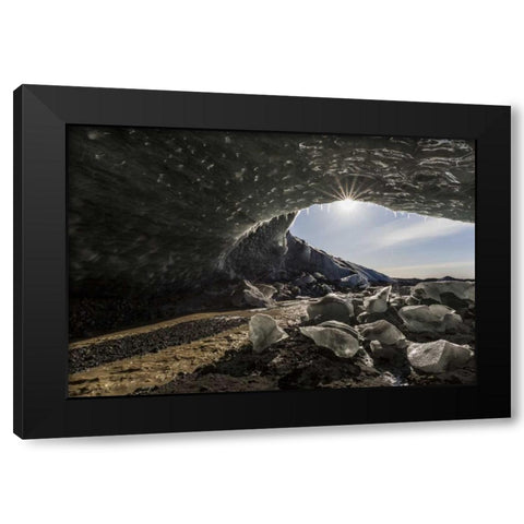 Iceland Sunburst at ice cave entrance Black Modern Wood Framed Art Print with Double Matting by Young, Bill