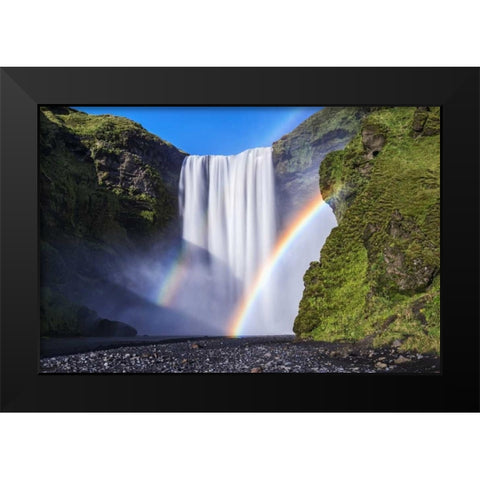 Iceland, Skogafoss Waterfall and rainbow Black Modern Wood Framed Art Print by Kirkland, Dennis