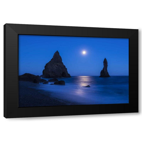 Iceland, Reynisdrangur Moon reflection on ocean Black Modern Wood Framed Art Print with Double Matting by Kirkland, Dennis