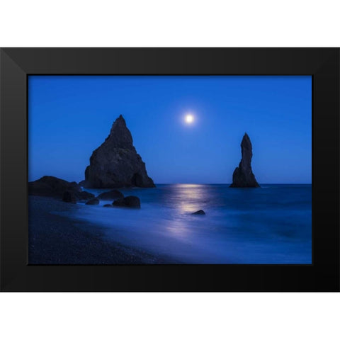 Iceland, Reynisdrangur Moon reflection on ocean Black Modern Wood Framed Art Print by Kirkland, Dennis