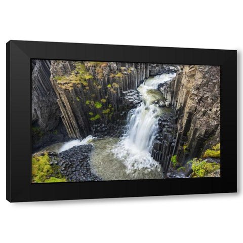 Iceland, Waterfall and basalt columns Black Modern Wood Framed Art Print by Kirkland, Dennis