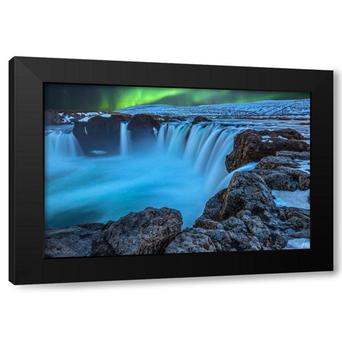 Iceland Aurora borealis and the Godafoss Waterfall Black Modern Wood Framed Art Print with Double Matting by Jaynes Gallery