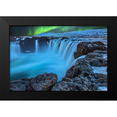 Iceland Aurora borealis and the Godafoss Waterfall Black Modern Wood Framed Art Print by Jaynes Gallery
