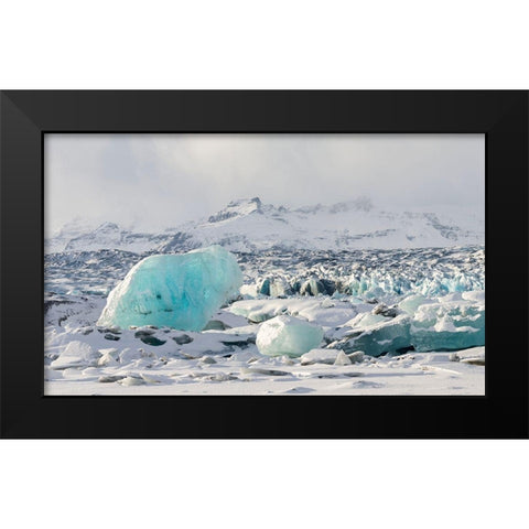 Northern shore of glacial lagoon Jokulsarlon with glacier Breidamerkurjokull Black Modern Wood Framed Art Print by Zwick, Martin