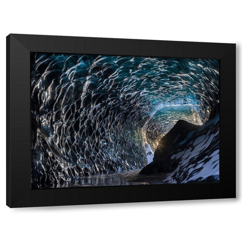 Ice cave at the northern shore of glacial lagoon Jokulsarlon in glacier Breidamerkurjokull Black Modern Wood Framed Art Print by Zwick, Martin