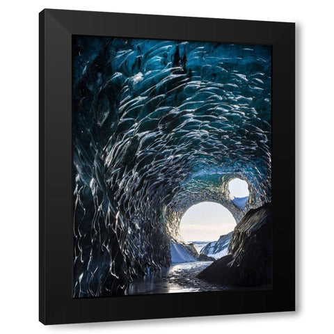 Ice cave at the northern shore of glacial lagoon Jokulsarlon in glacier Breidamerkurjokull Black Modern Wood Framed Art Print by Zwick, Martin